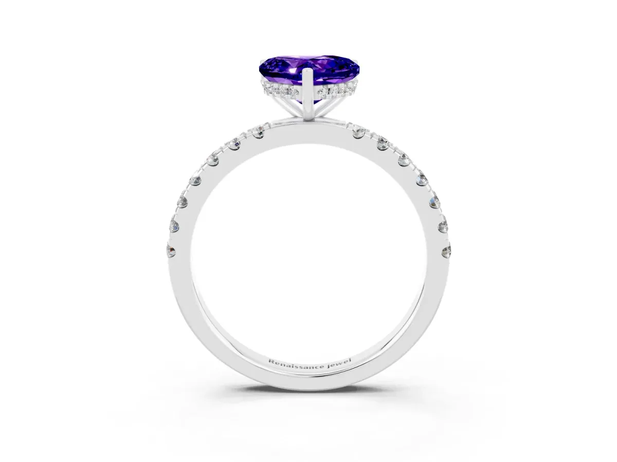 Heart Cut Tanzanite Pave Band Solitaire Ring with Round and Prong Setting Silver