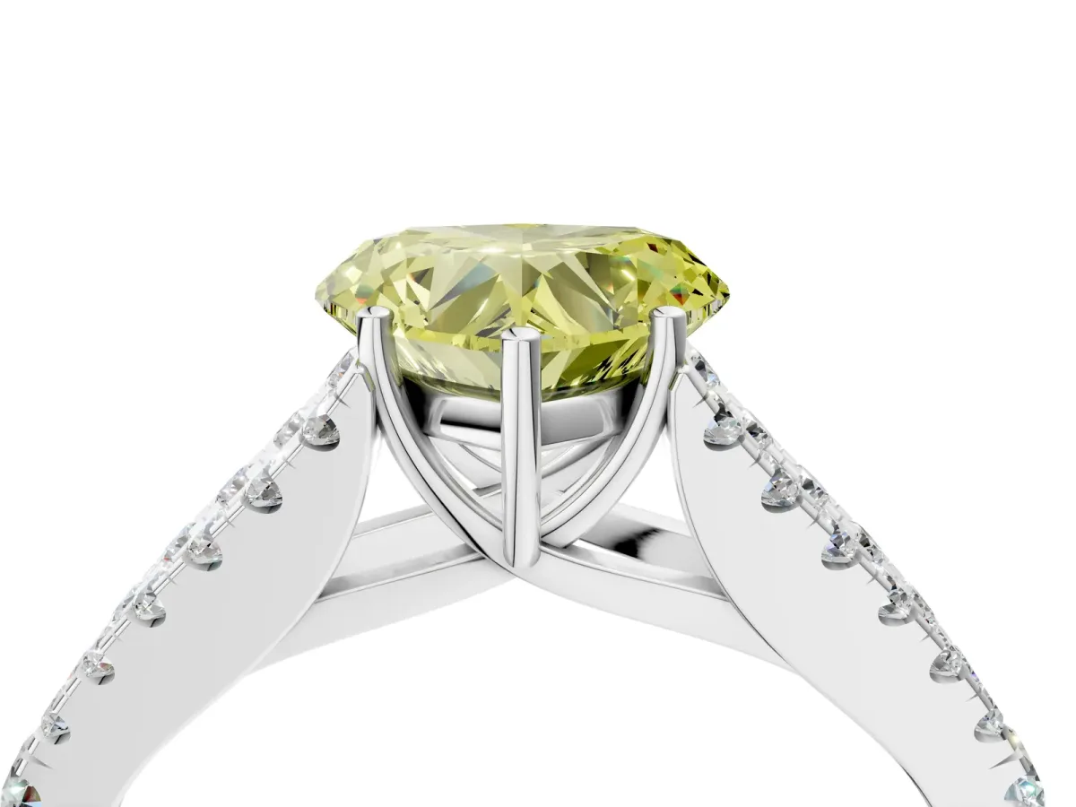 Fancy Yellow Heart Cut Diamond Split Shank Pavé Engagement Ring with Four-Prong Setting White gold
