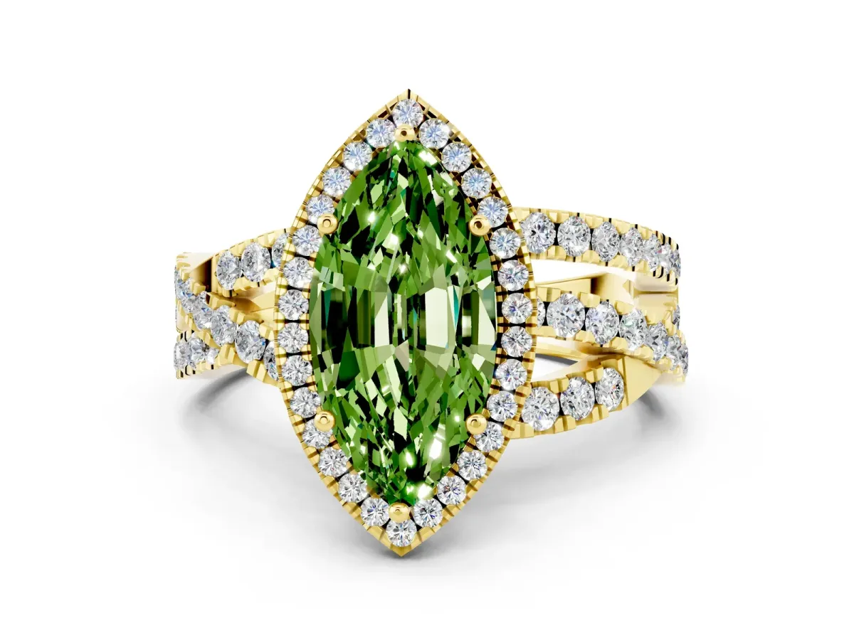 Marquise Cut Peridot Halo Ring with Round Split Shank and Prong Setting Yellow gold