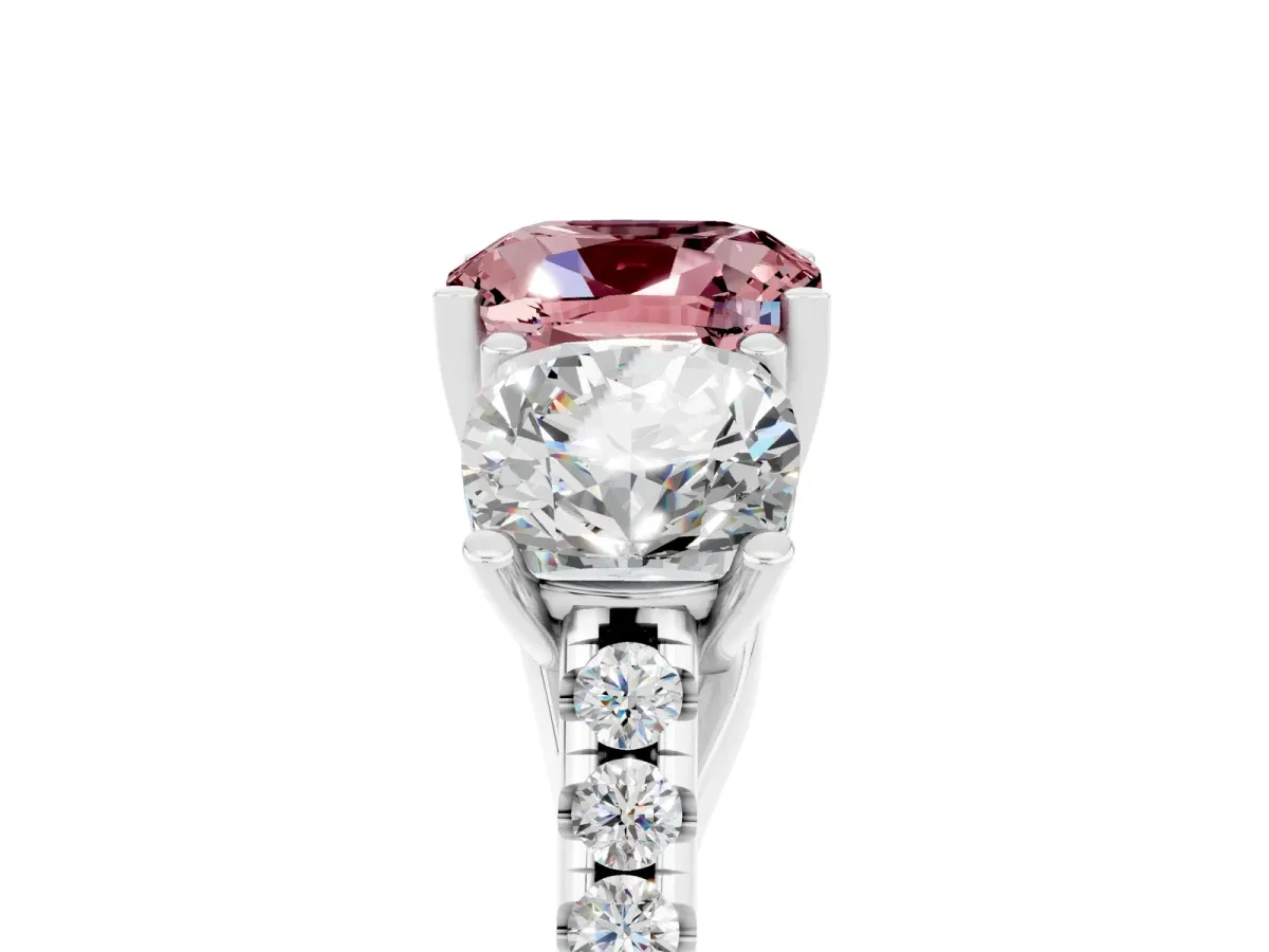 Three-Stone Cushion Cut Morganite Ring with Round Pavé Band and Prong Setting Silver