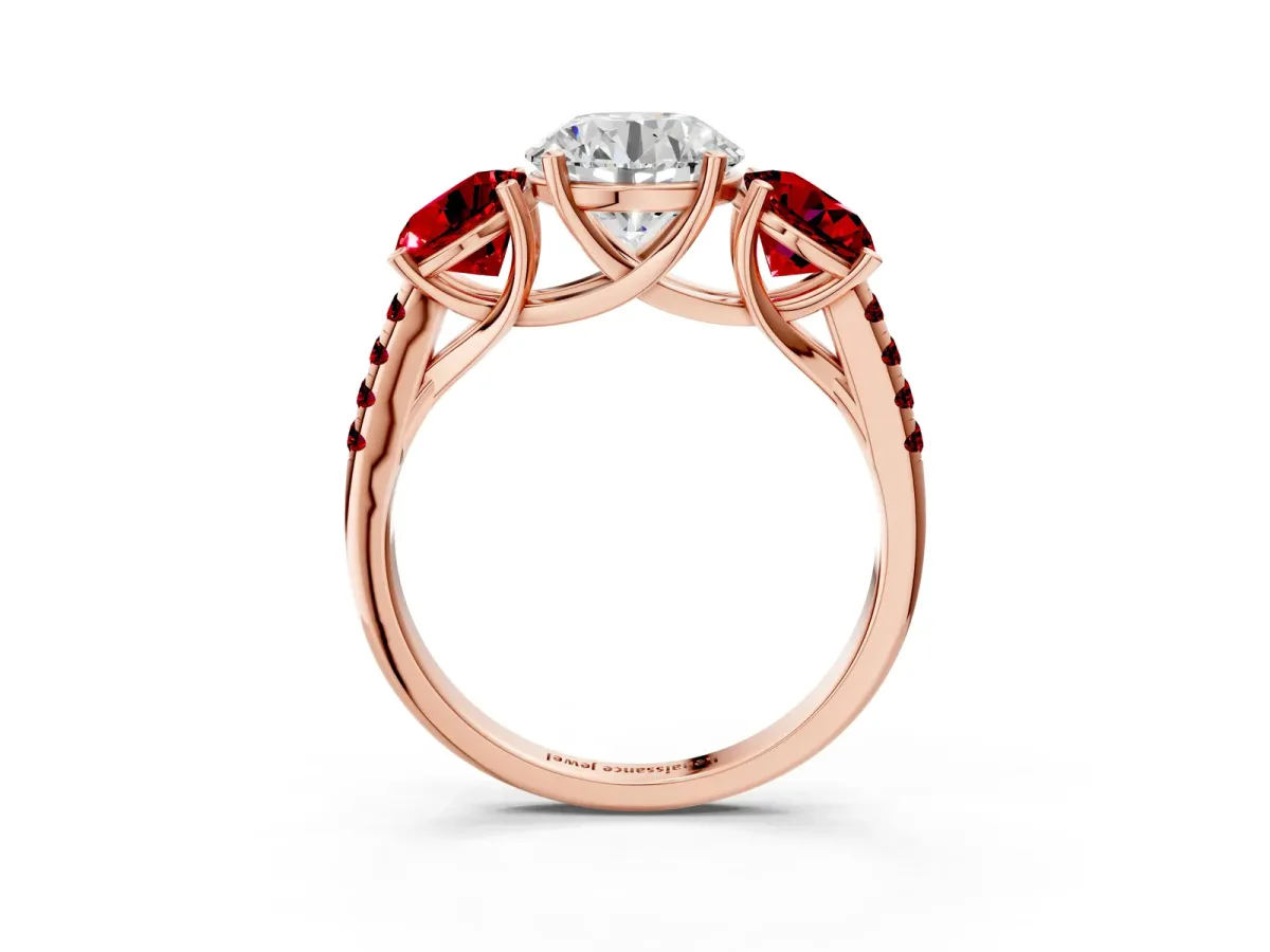 Three-Stone Round Cut Diamond Ring with Round Ruby Pavé Band and Prong Setting Rose gold