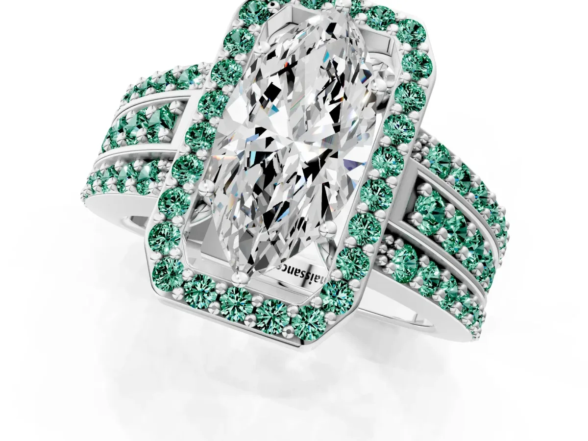 Marquise Cut Halo Diamond Ring with Round Green Sapphire Split Shank and Prong Setting Silver