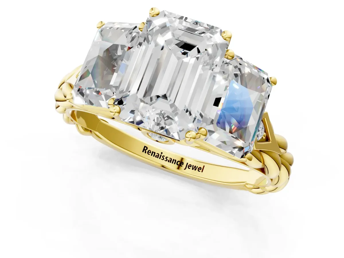 Three-Stone Radiant Cut Diamond Braided Band Ring with Four-Prong Setting Yellow gold