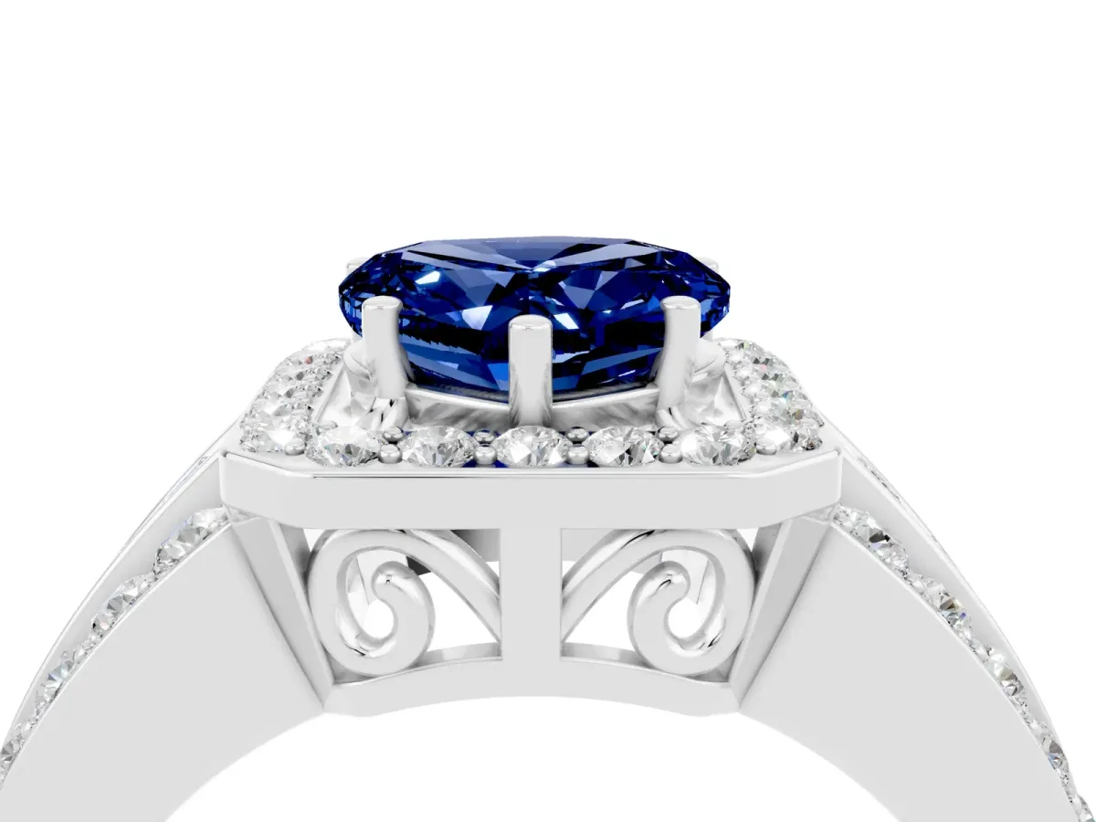 Heart Cut Halo Blue Sapphire Ring with Round Split Shank and Prong Setting Platinum