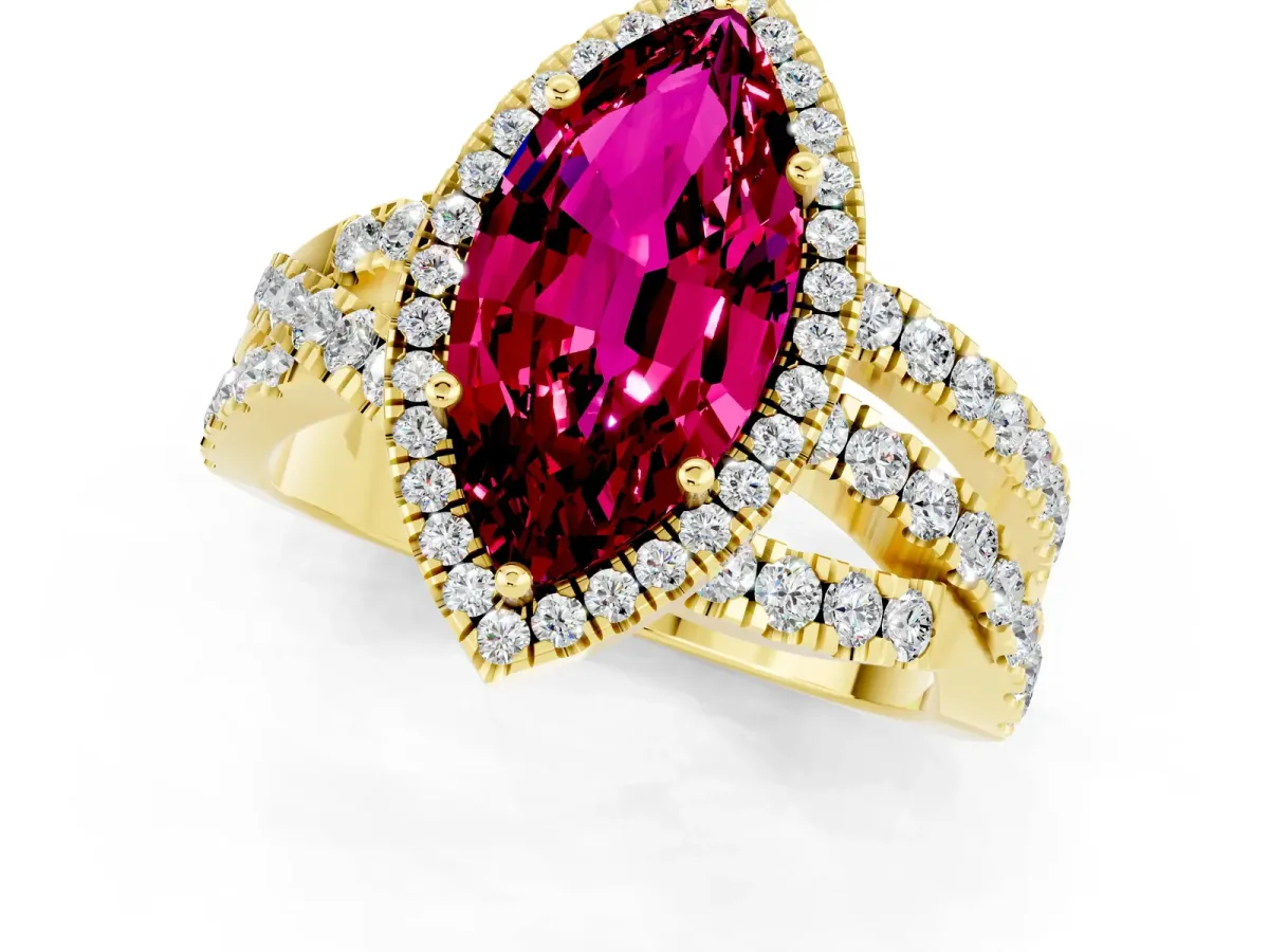 Marquise Cut Garnet Halo Ring with Round Split Shank and Prong Setting Yellow gold