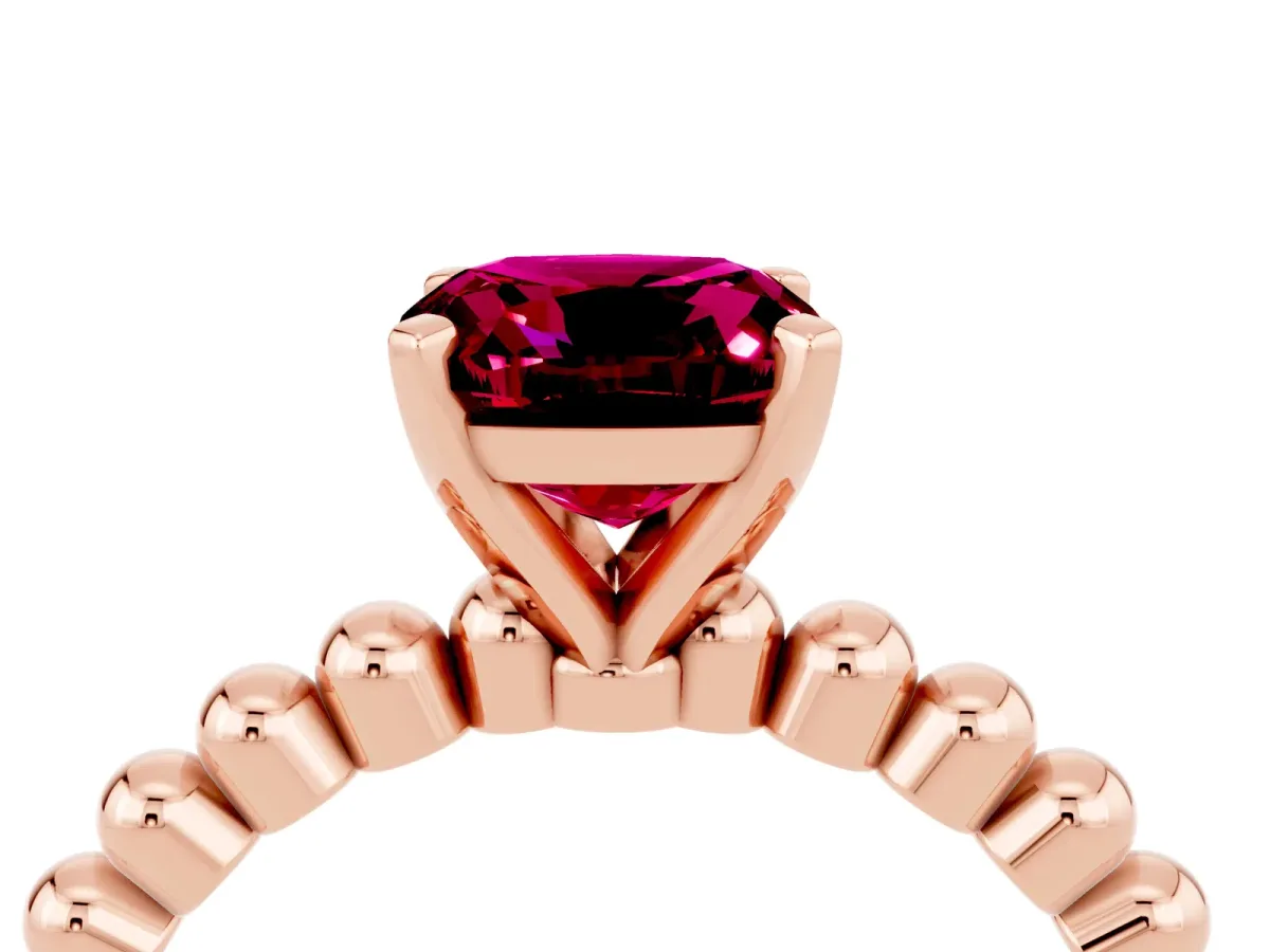 Cushion Cut Garnet Solitaire Ring with Beaded Band and Prong Setting Rose gold