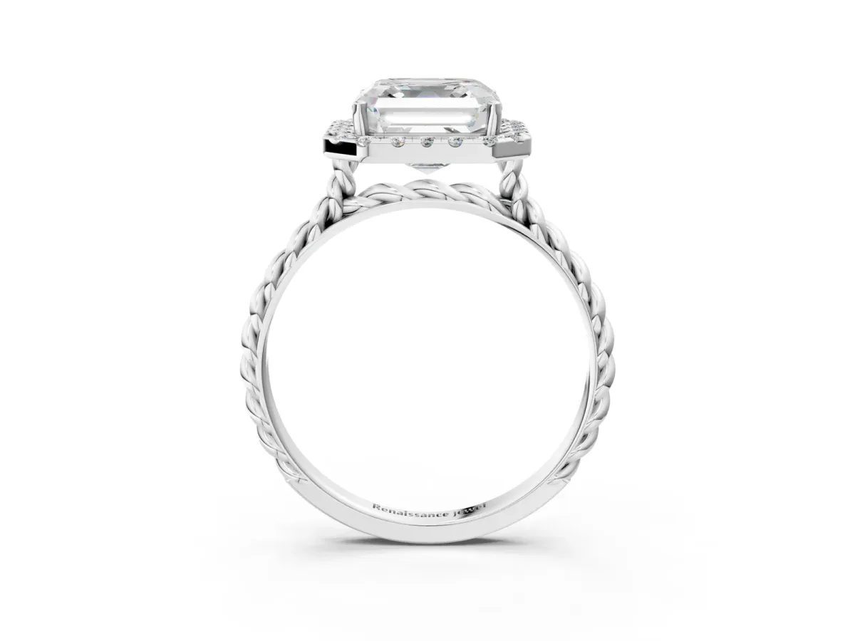 Asscher Cut Halo Twisted Band Four-Prong Diamond Ring Platinum