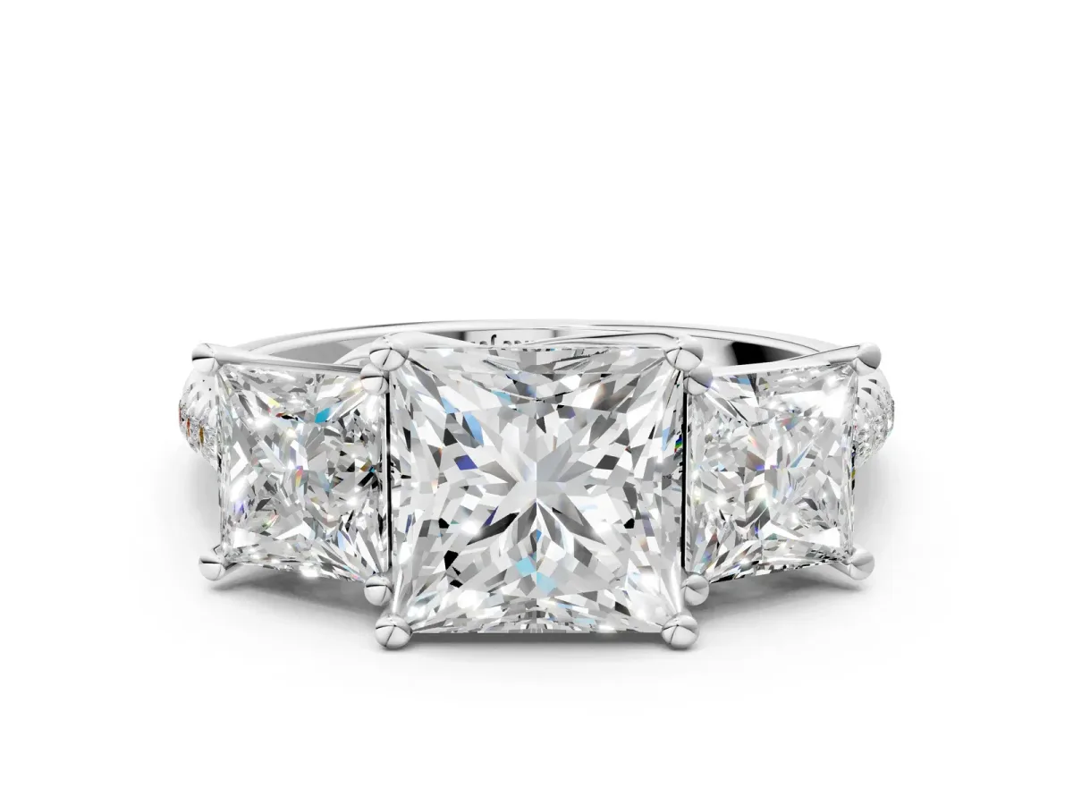 Three-Stone Princess Cut Diamond Ring with Round Moissanite Pavé Band and Prong Setting Silver