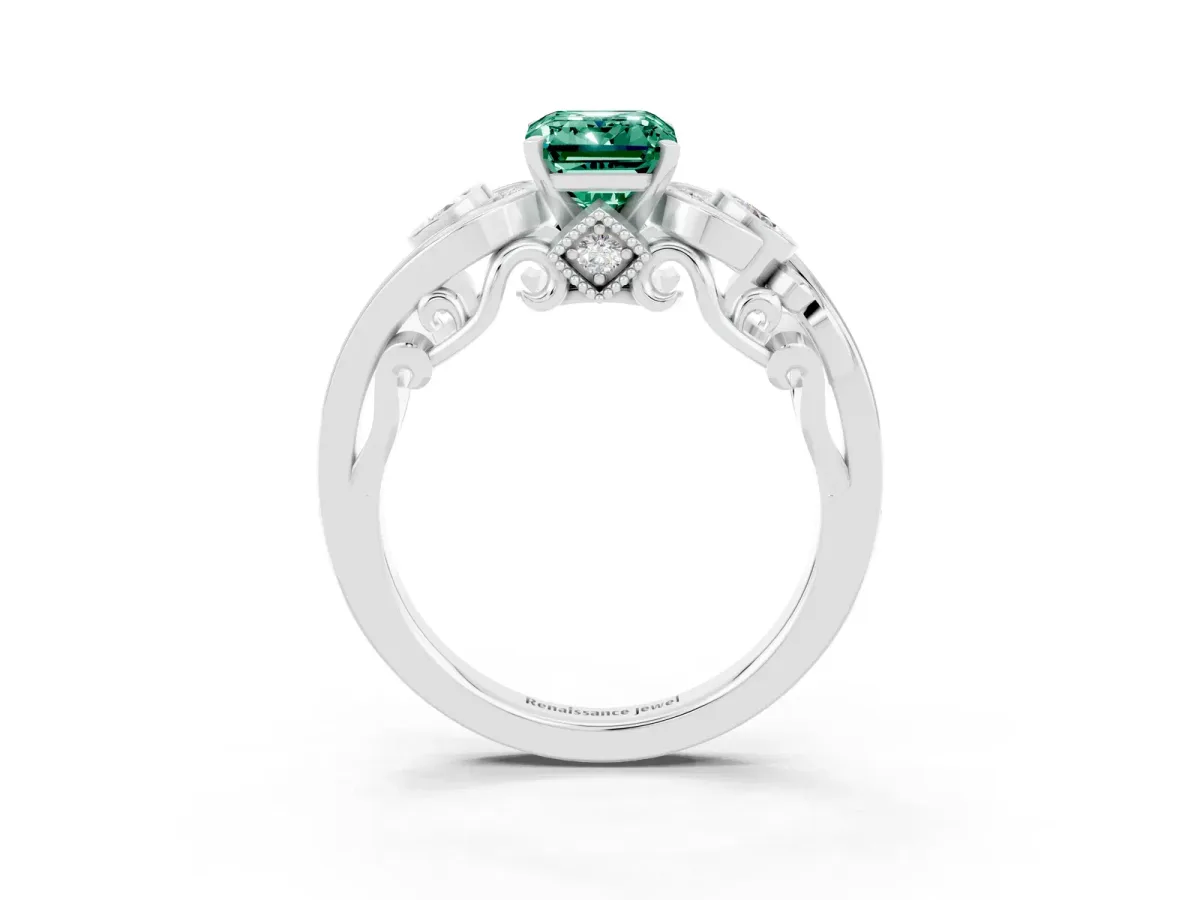 Emerald Cut Green Sapphire Solitaire Ring with Milgrain Pavé Band and Four-Prong Setting Silver