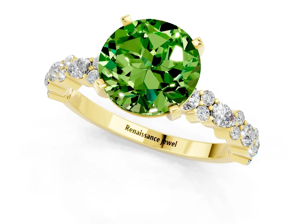 Round Cut Peridot Side Stone Solitaire Ring with Round and Four-Prong Setting Yellow gold