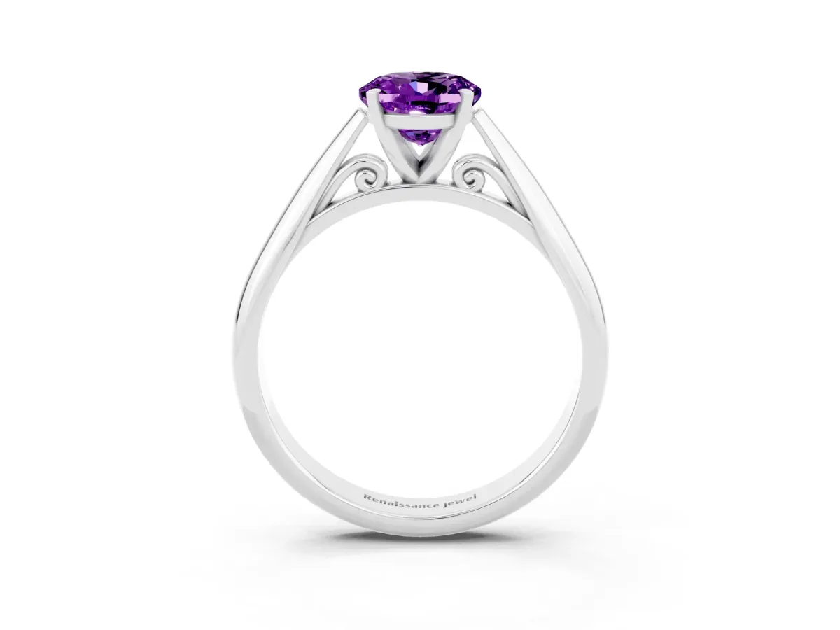 Oval Cut Amethyst Solitaire Engagement Ring with Cathedral Setting and Four-Prong Mount White gold