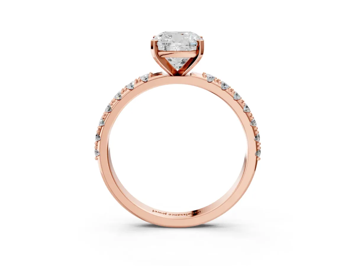 Cushion Cut Diamond Solitaire Pavé Band with Four-Prong Setting Rose gold