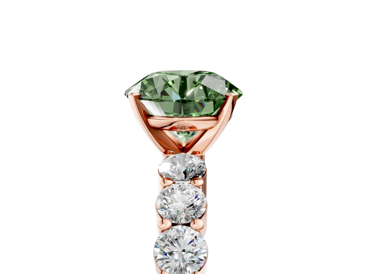 Fancy Green Round Cut Diamond Solitaire Ring with Shared Prong Round Side Stones Rose gold