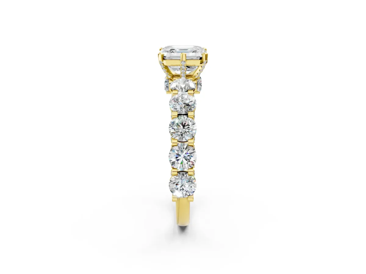 Asscher Cut Diamond Side Stone Engagement Ring with Four-Prong Setting Yellow gold