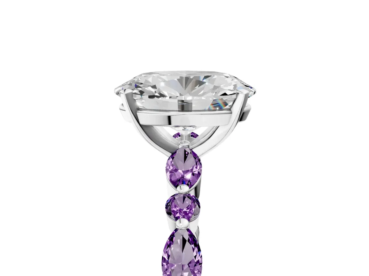 Oval Cut Diamond Ring with Marquise and Round Amethyst Side Stones and Four-Prong Setting Silver