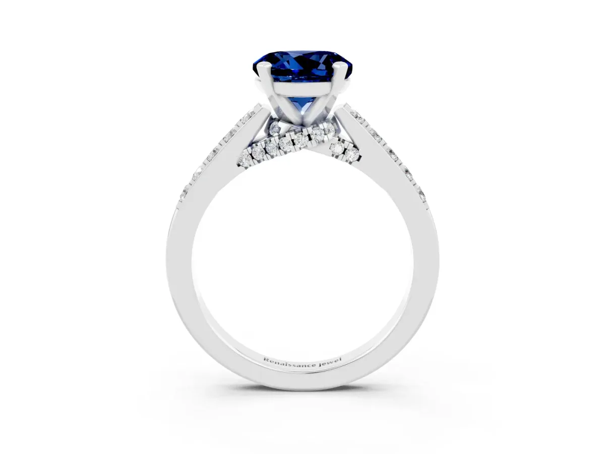 Round Cut Blue Sapphire Solitaire Ring with Crossover Gallery and Round Pavé Band Silver