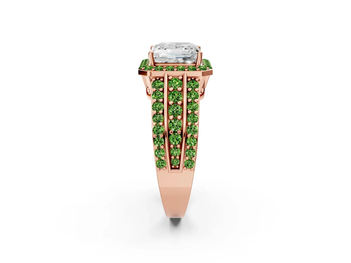 Princess Cut Halo Diamond Ring with Round Peridot Split Shank and Prong Setting Rose gold