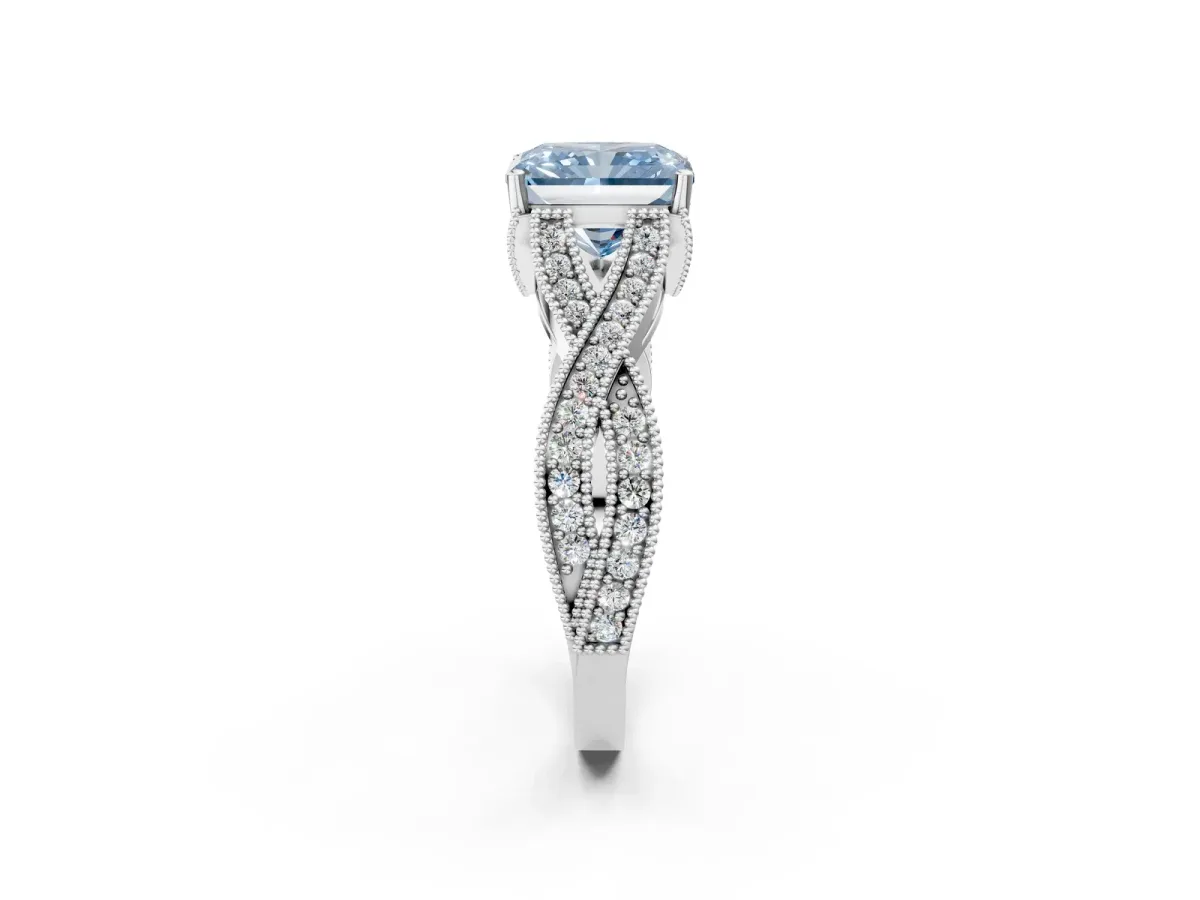 Fancy Blue Radiant Cut Cut Diamond Twisted Band with Milgrain Pave Setting and Four-Prong Setting Platinum