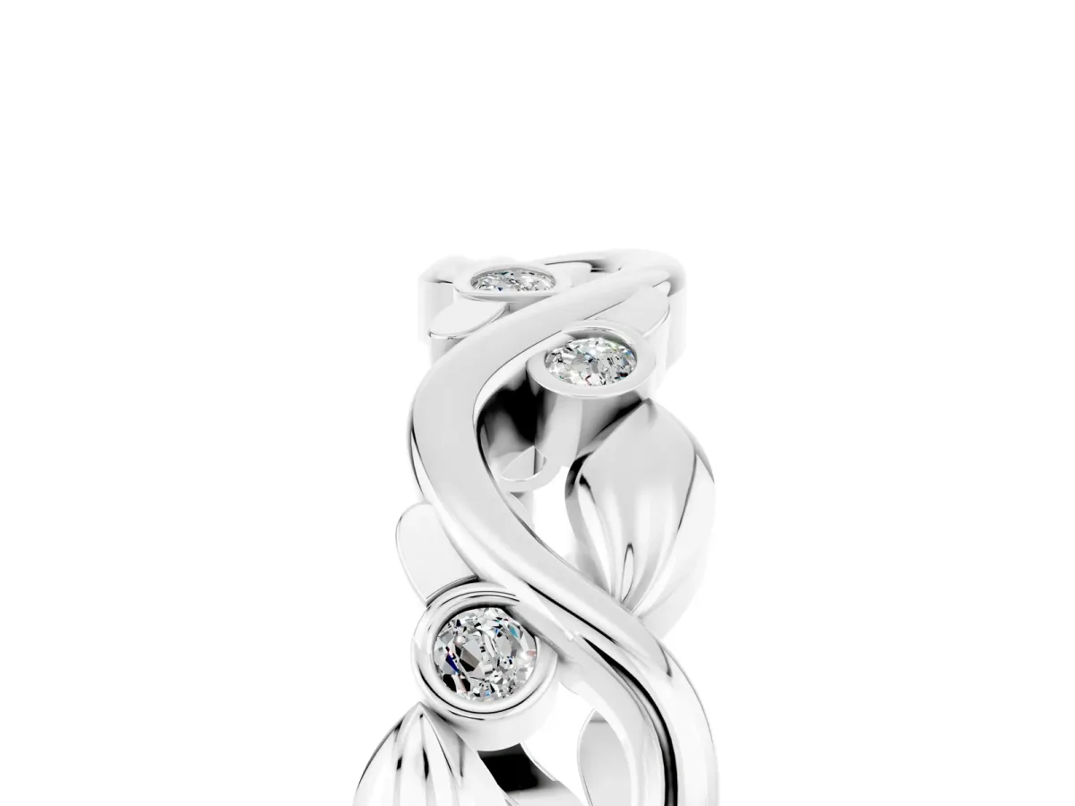 Round Moissanite Leaf Eternity Band with Bezel Setting White gold
