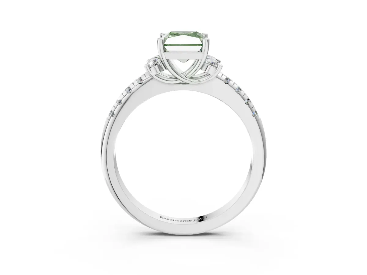 Fancy Green Radiant Cut Diamond Three-Stone Pave Band with Four-Prong Setting Platinum