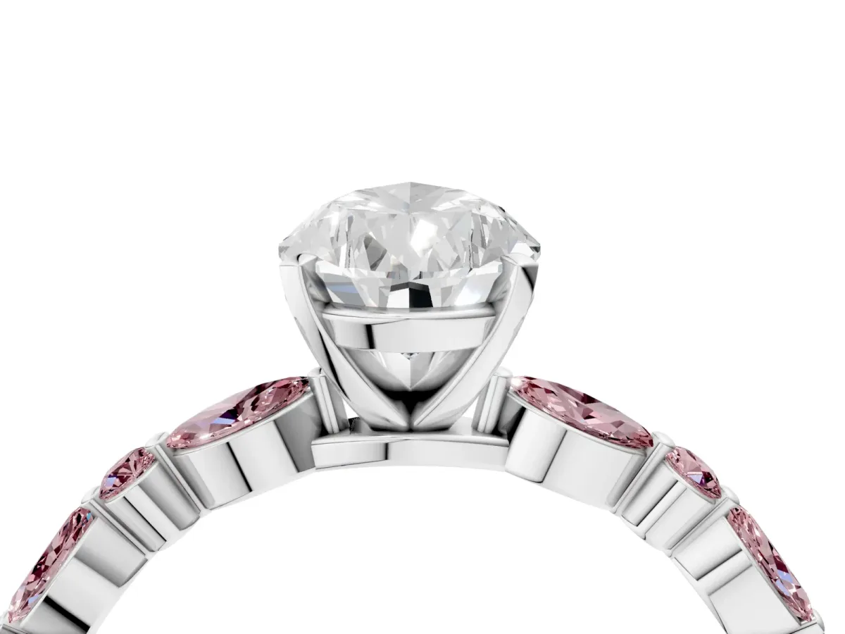 Pear Cut Diamond Ring with Marquise and Round Morganite Side Stones and Four-Prong Setting Silver