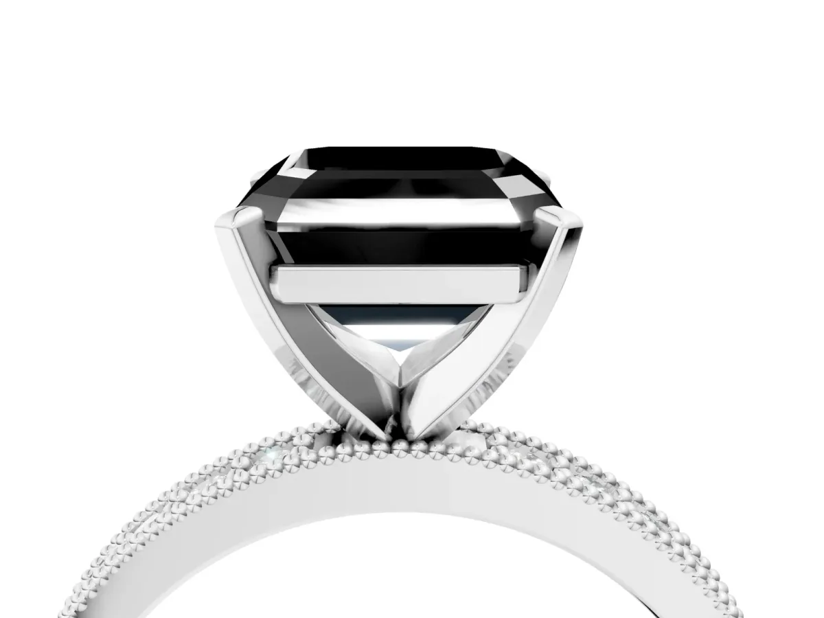 Fancy Black Asscher Cut Diamond Milgrain Pavé Engagement Ring with Four-Prong Setting Platinum