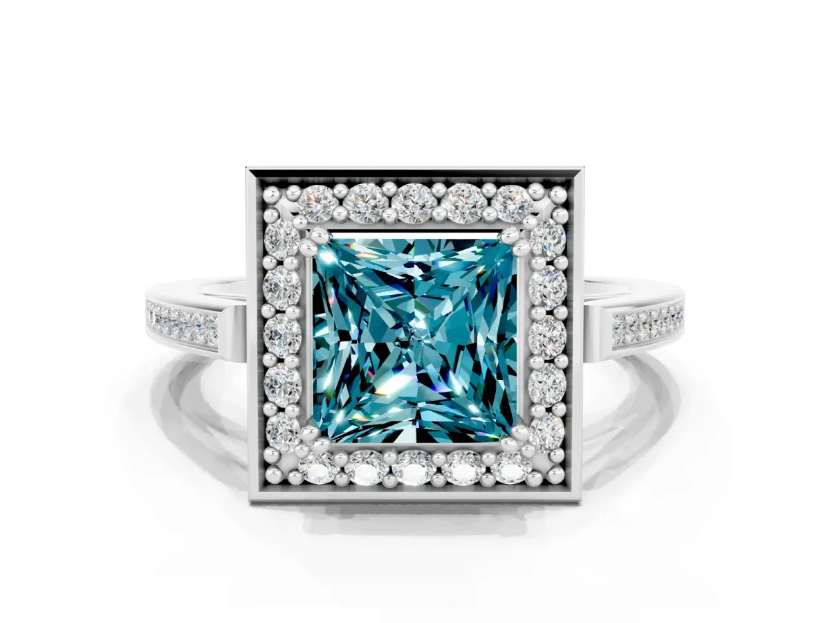 Princess Cut Blue Topaz Halo Ring with Split Shank and Four-Prong Setting Platinum