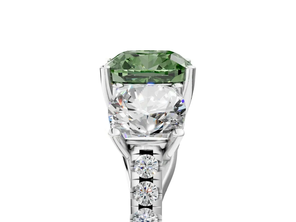 Fancy Green Three-Stone Cushion Cut Diamond Ring with Round Pavé Band and Prong Setting Silver