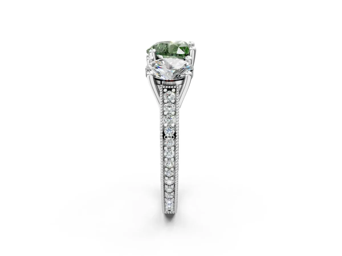 Fancy Green Three-Stone Heart Cut Diamond Milgrain Pave Band with Prong Setting Platinum