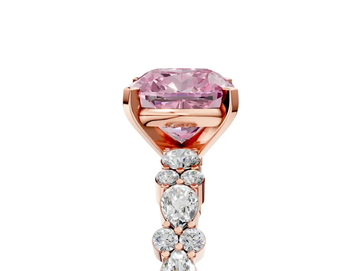 Fancy Pink Cushion Cut Diamond Side Stone Solitaire Ring with Round and Four-Prong Setting Rose gold