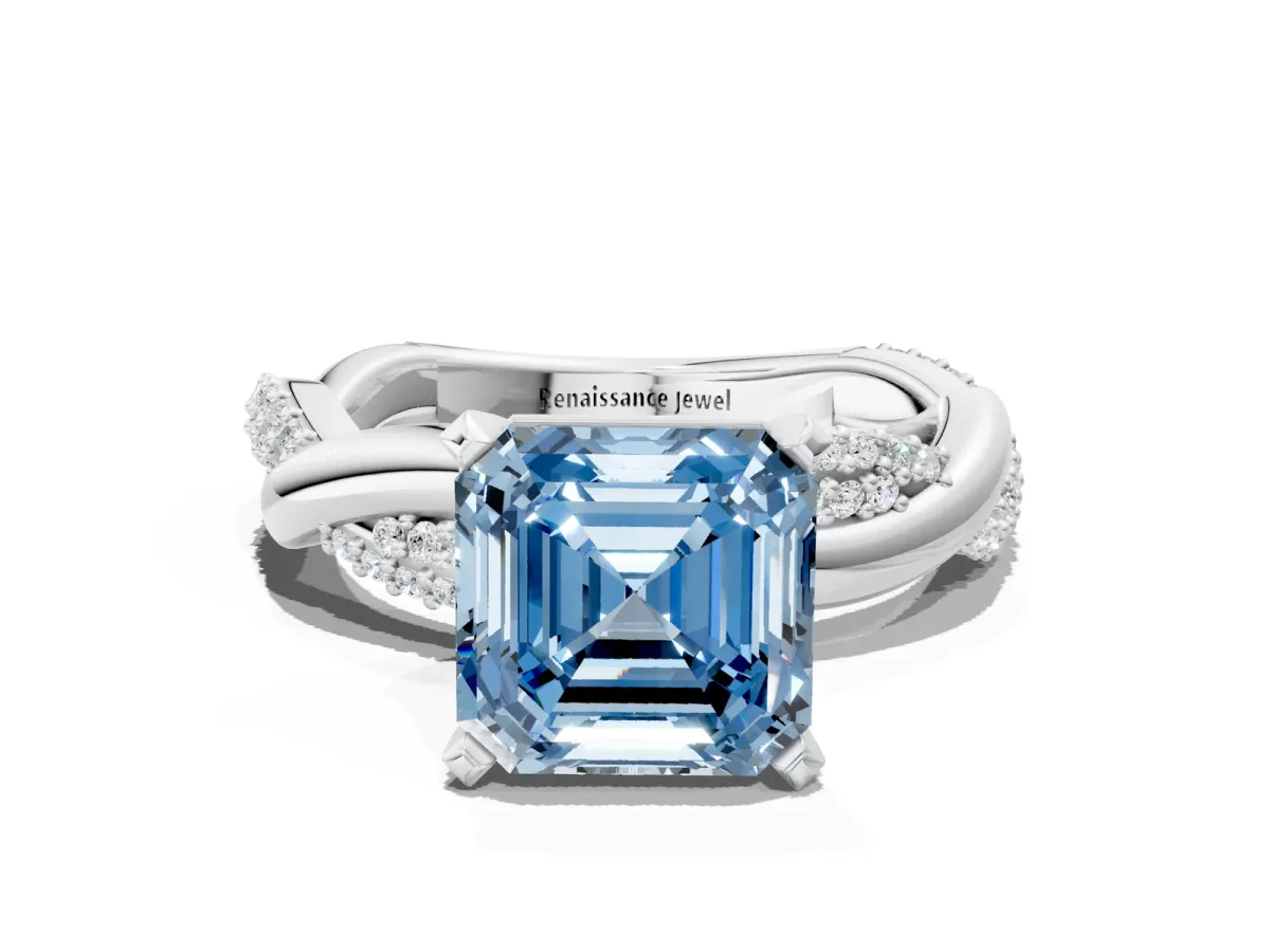 Fancy Blue Asscher Cut Solitaire Twist Band with Pave Prong Setting Platinum