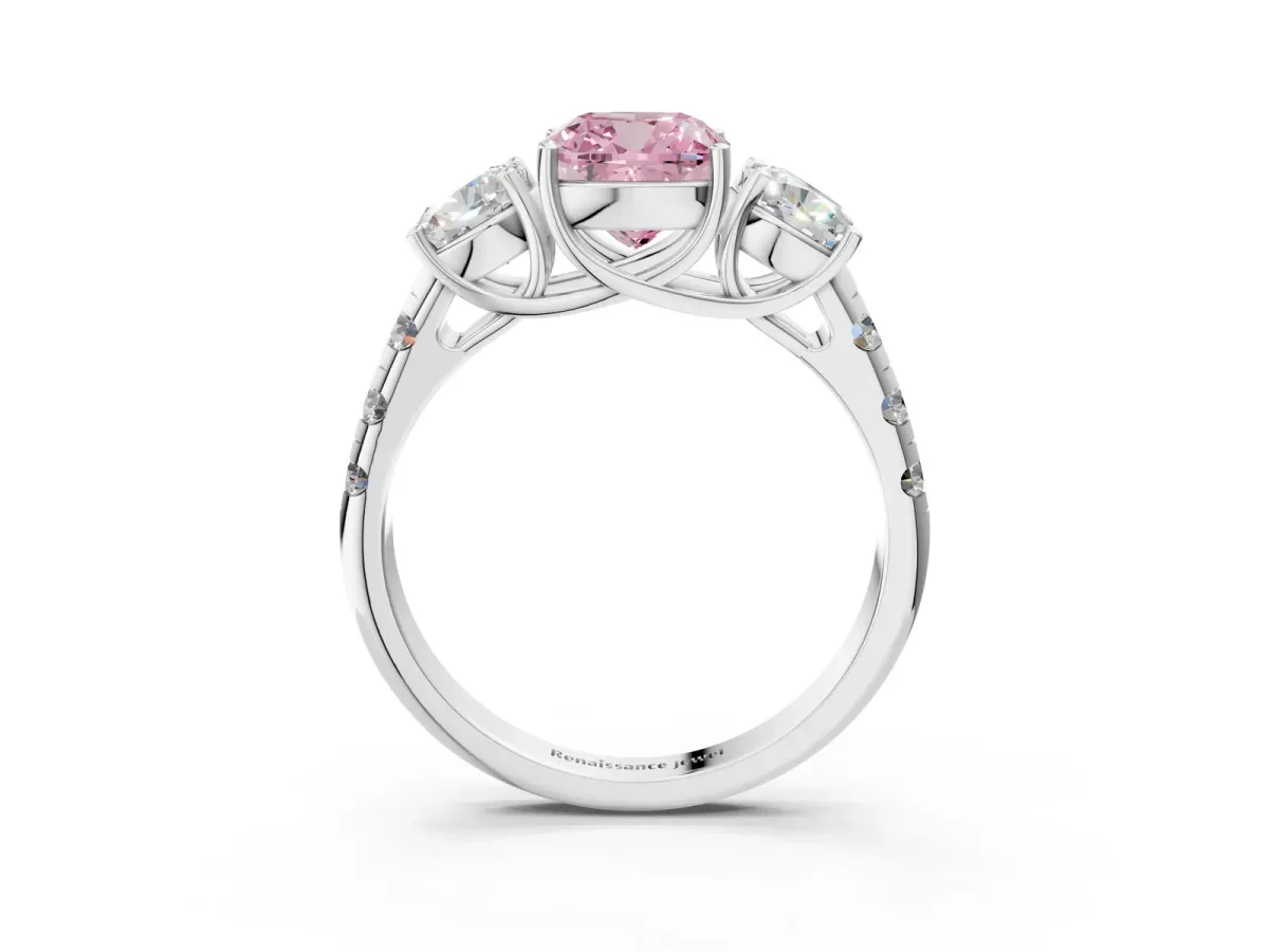 Fancy Pink Three-Stone Cushion Cut Diamond Pavé Band with Prong Setting Platinum