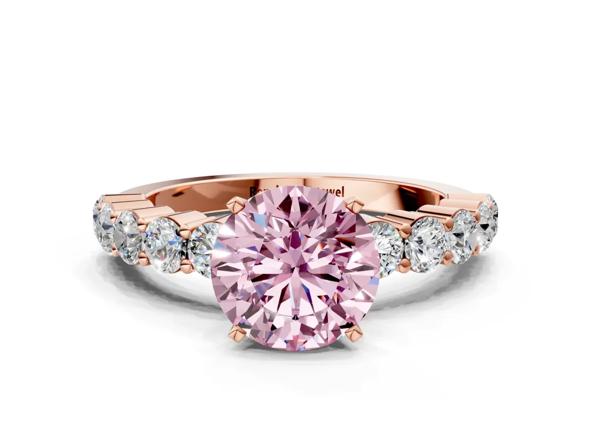 Fancy Pink Round Cut Diamond Solitaire Ring with Shared Prong Round Side Stones Rose gold