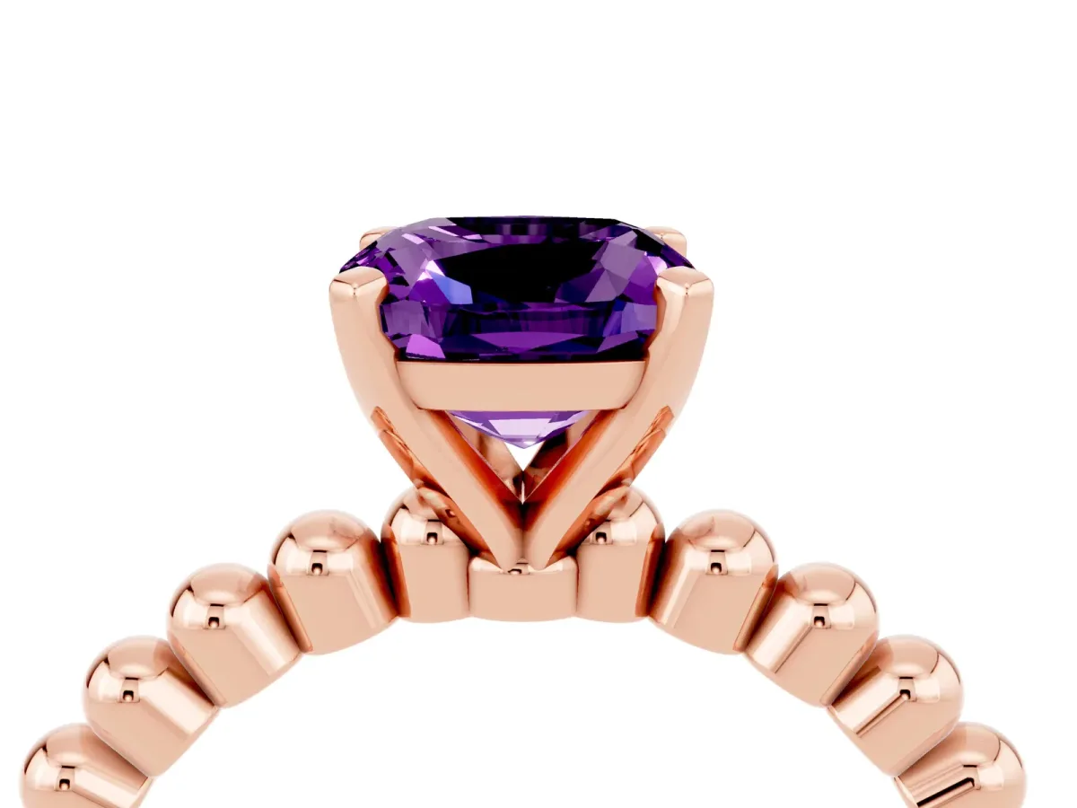 Cushion Cut Amethyst Solitaire Ring with Beaded Band and Prong Setting Rose gold
