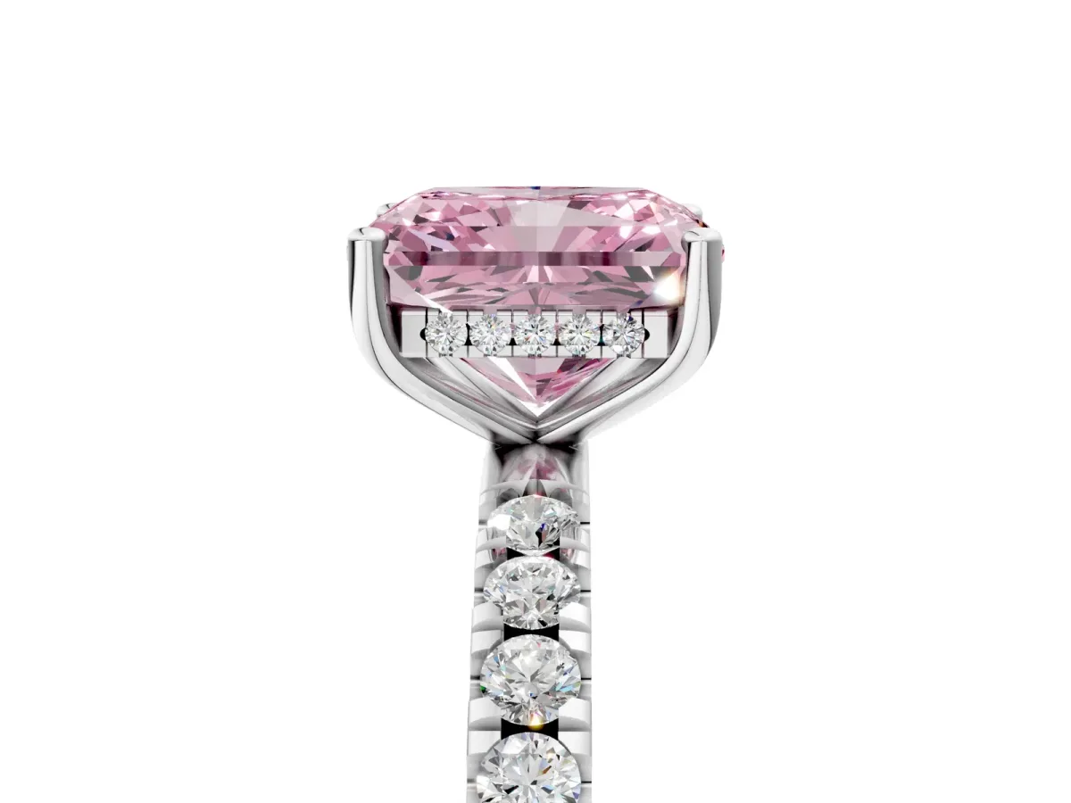 Fancy Pink Radiant Cut Diamond Pave Band Solitaire Ring with Round and Prong Setting Silver