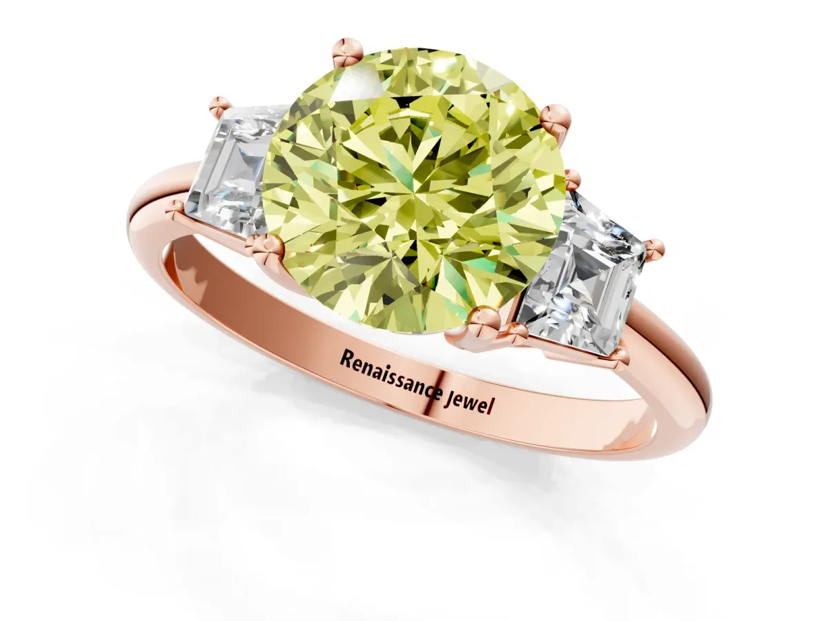 Fancy Yellow Round Cut Diamond Three-Stone Ring with Trapezoid Side Stones and Prong Setting Rose gold