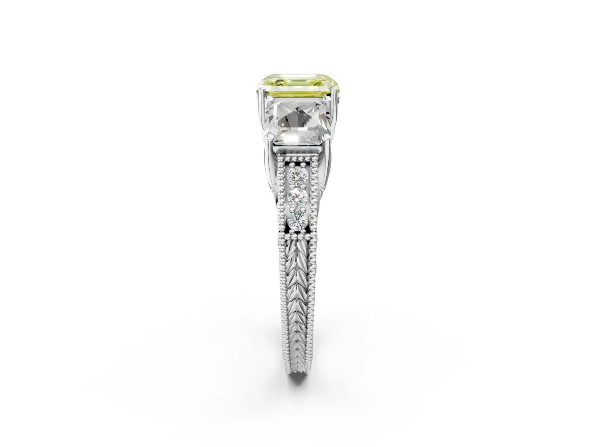 Fancy Yellow Three-Stone Asscher Cut Cut Milgrain Pavé Engagement Ring Platinum
