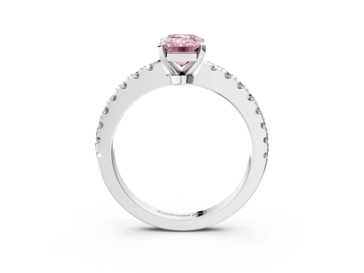 Fancy Pink Emerald Cut Solitaire Diamond with Pavé Band and Four-Prong Setting Silver