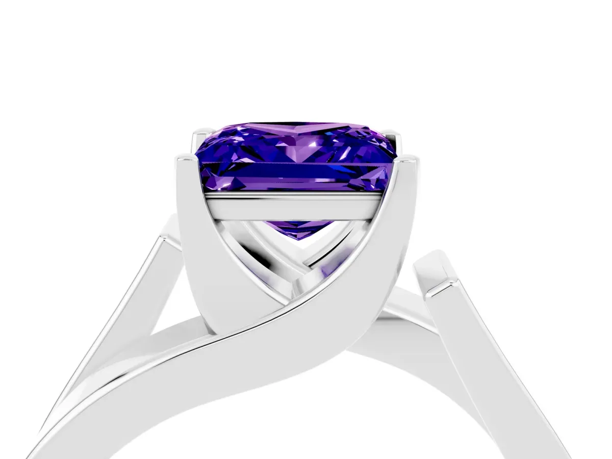 Modern Tension Set Princess Cut Tanzanite Solitaire Wide Band Ring Silver