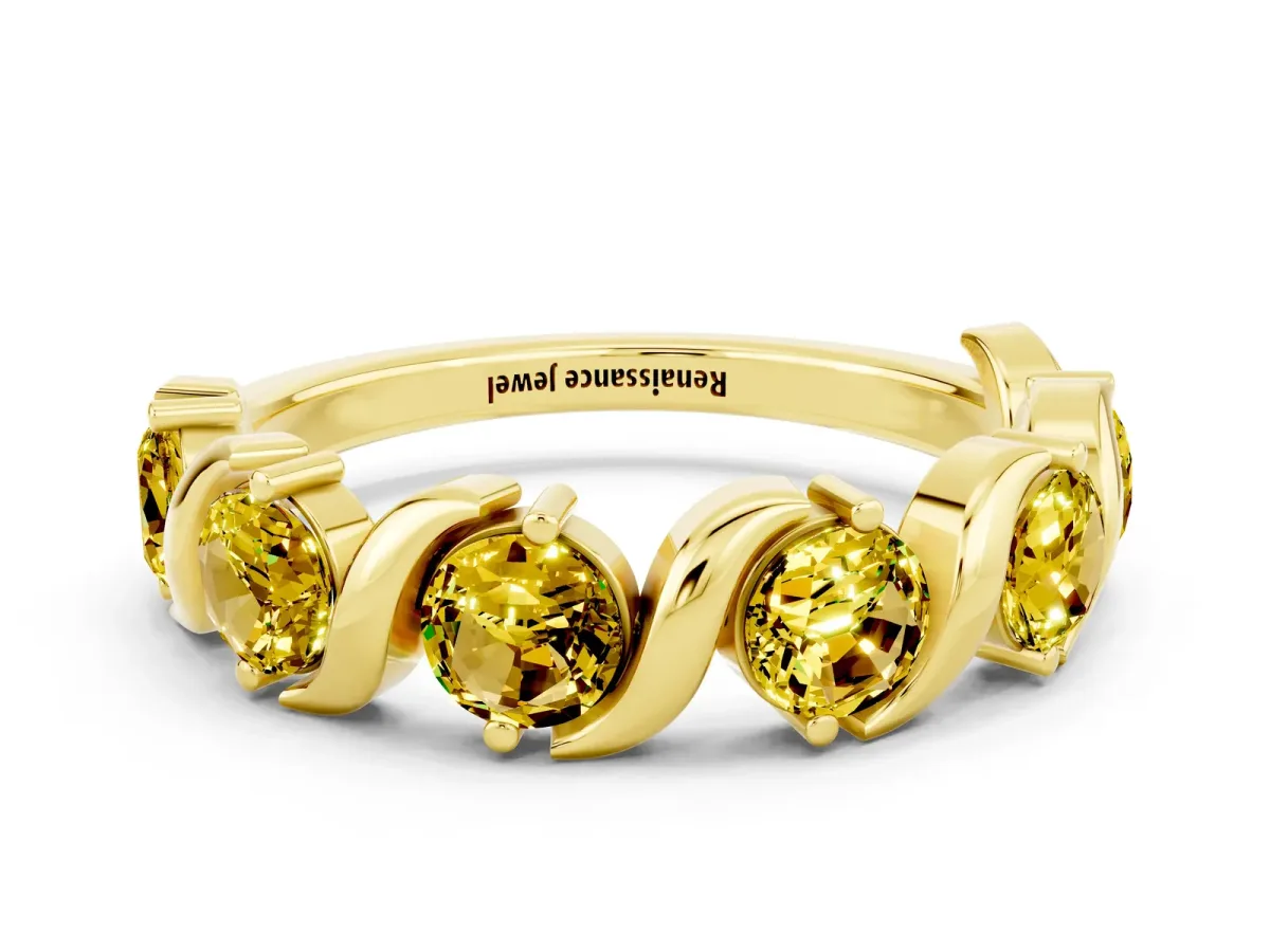 Six-Stone Round Yellow Sapphire Wave Band with Shared Prong Setting Yellow gold
