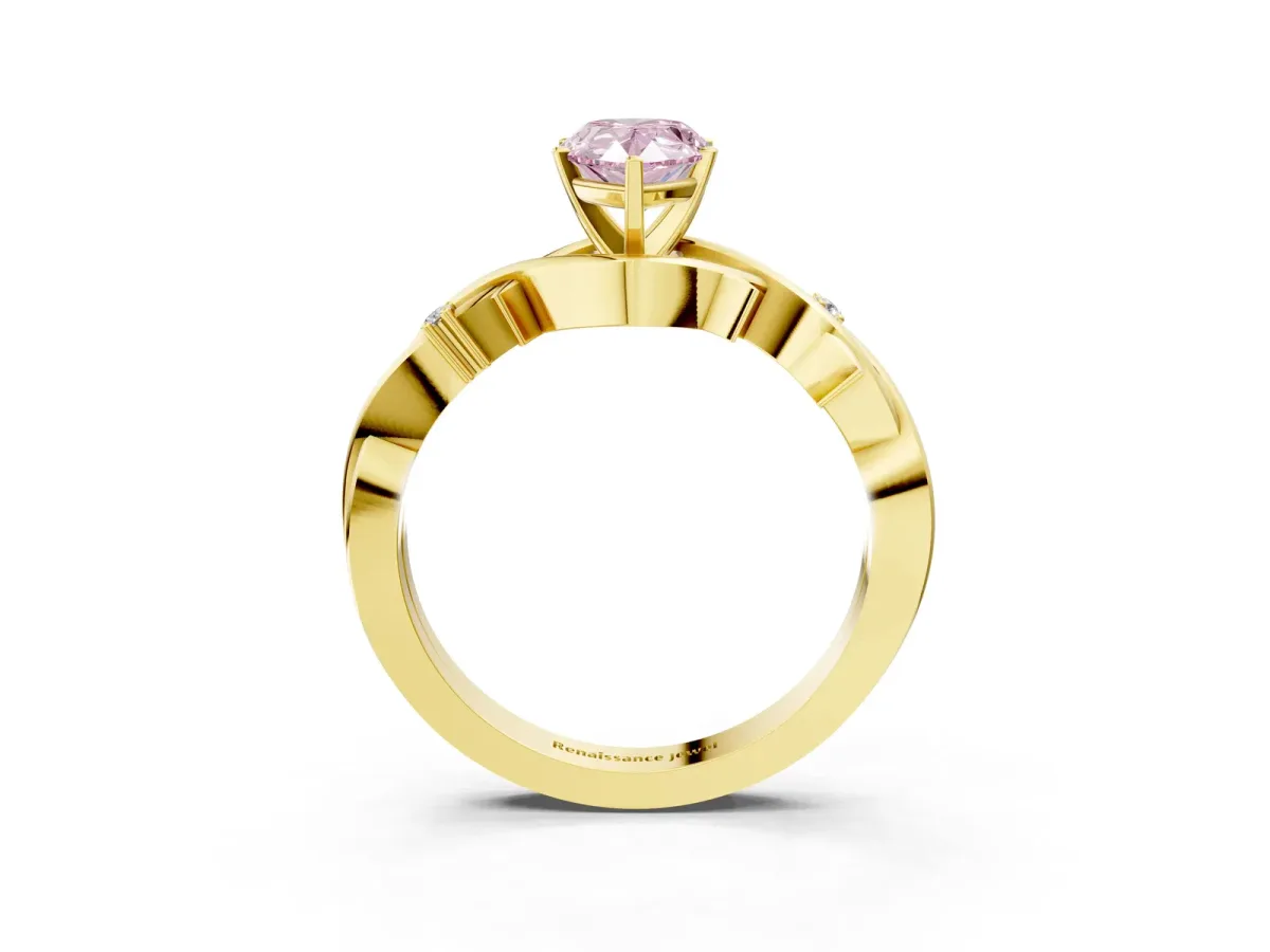 Fancy Pink Pear Cut Diamond Solitaire Ring with Twisted Band and Prong Setting Yellow gold