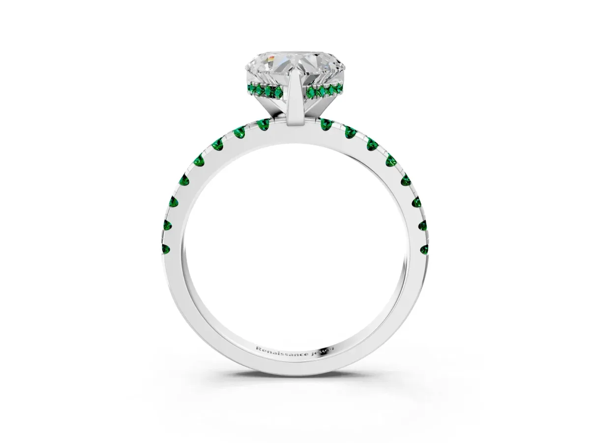 Heart Cut Diamond Solitaire Ring with Round Emerald Pavé Band and Four-Prong Setting Silver