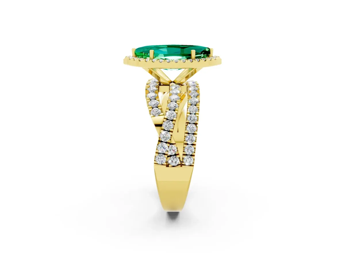 Marquise Cut Emerald Halo Ring with Round Split Shank and Prong Setting Yellow gold