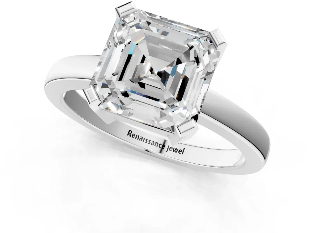Asscher Cut Cut Solitaire Ring with Four-Prong Setting and Classic Band Platinum