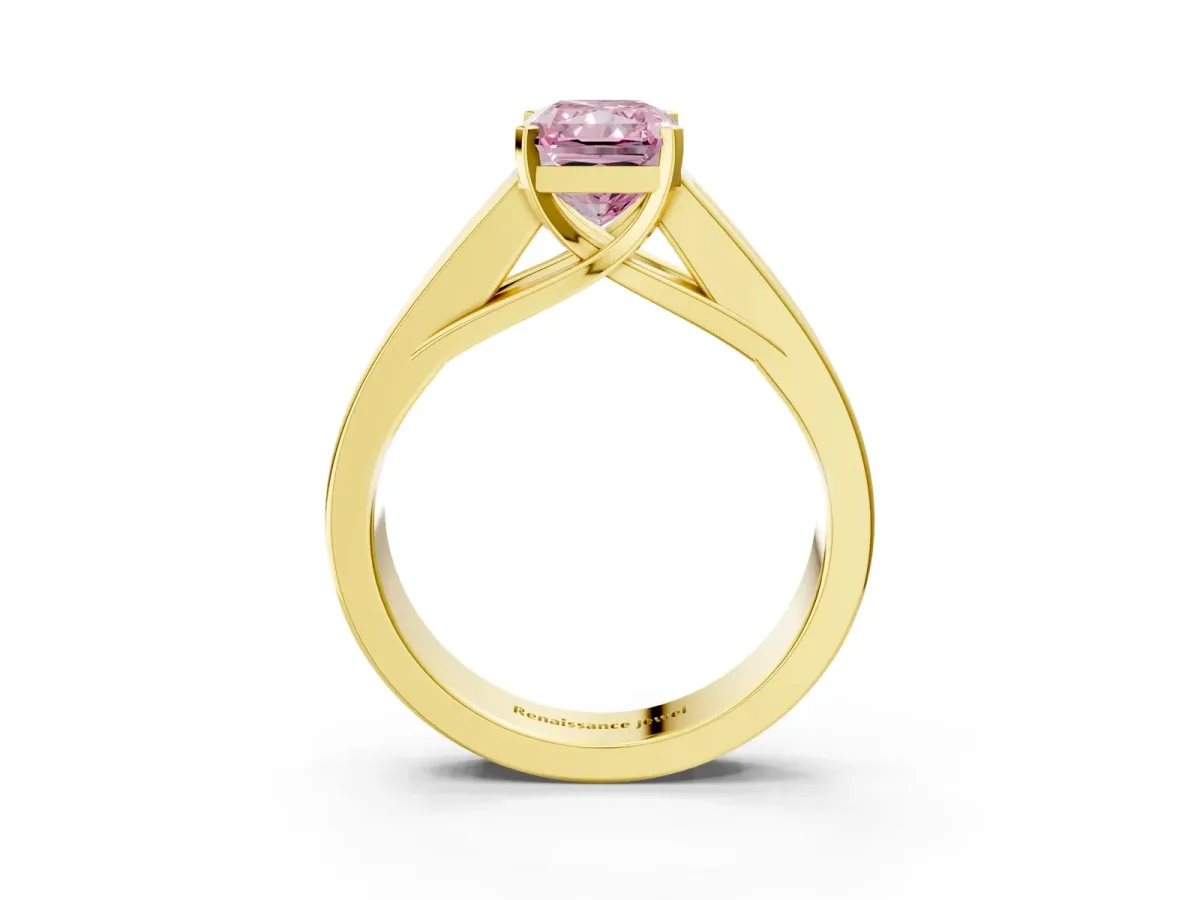 Fancy Pink Radiant Cut Cut Channel Set Solitaire Ring with Four-Prong Setting Yellow gold