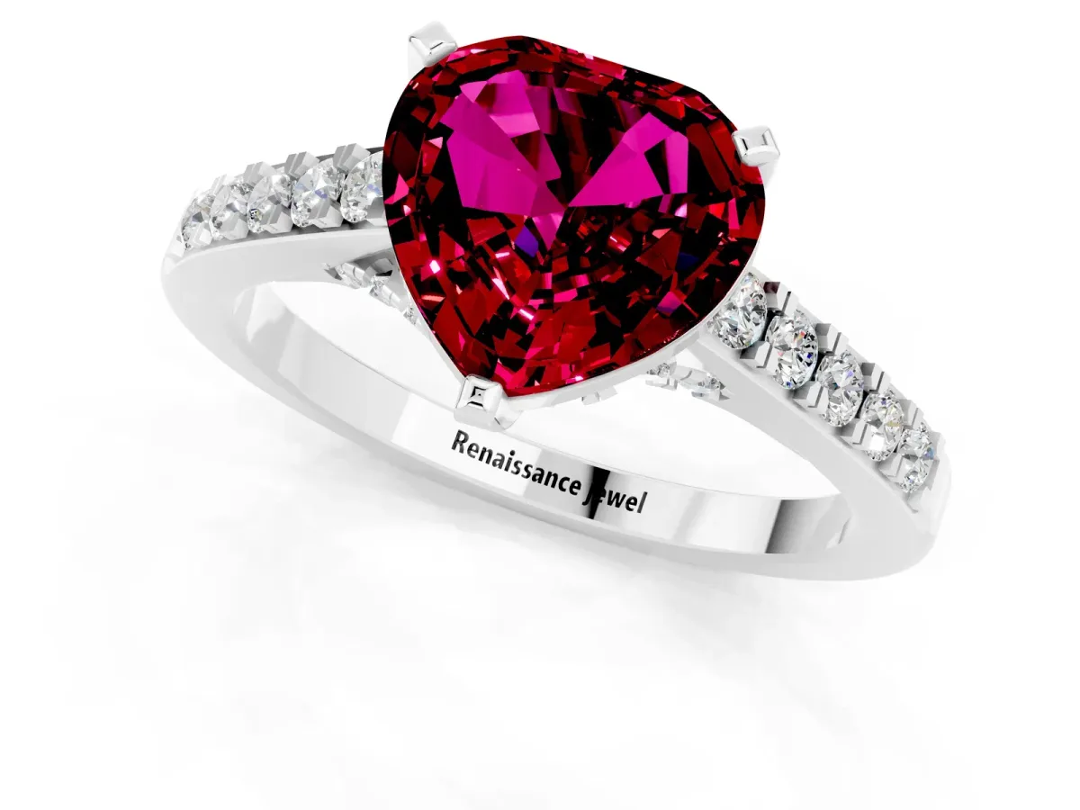 Heart Cut Garnet Solitaire Ring with Crossover Gallery and Round Pavé Band Silver