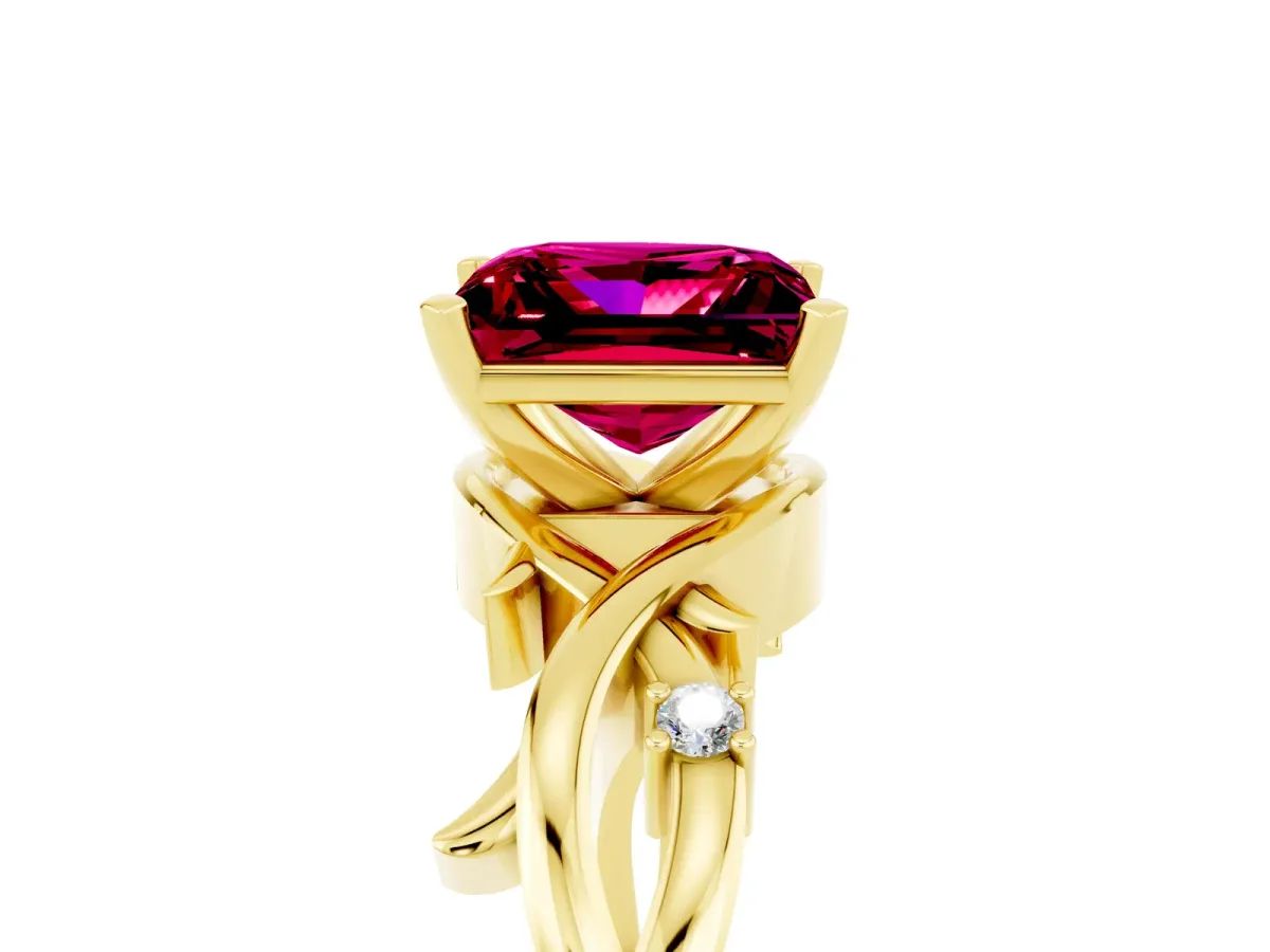 Princess Cut Garnet Solitaire Ring with Twisted Band and Prong Setting Yellow gold