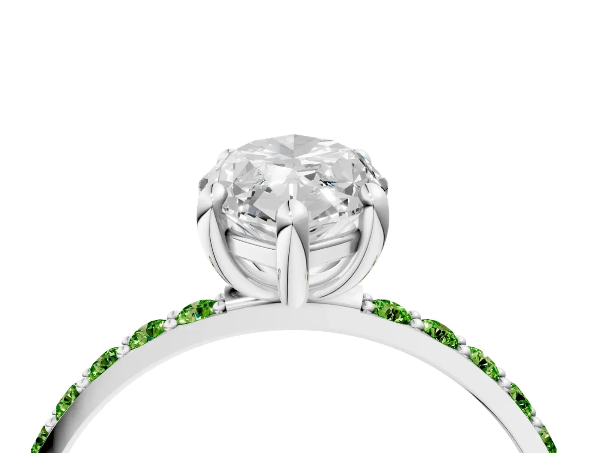 Marquise Cut Diamond Solitaire Ring with Round Peridot Pavé Band and Prong Setting Silver