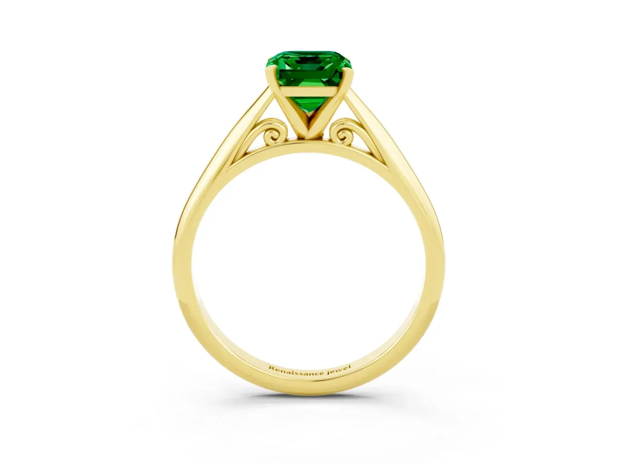 Emerald Cut Emerald Solitaire Engagement Ring with Cathedral Setting and Four-Prong Mount Yellow gold