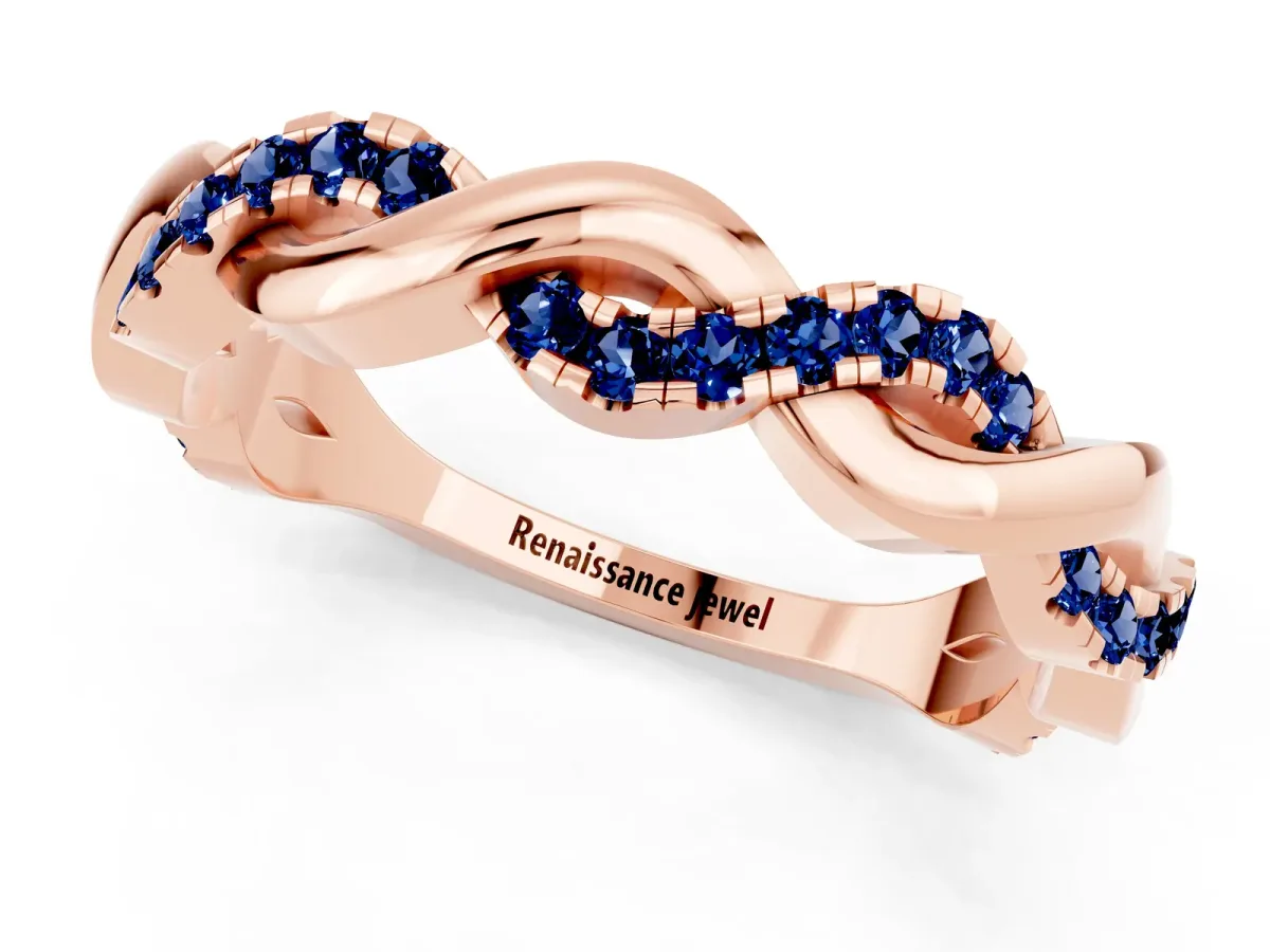 Pavé Round Blue Sapphire Twist Eternity Band with Shared Prong Setting Rose gold